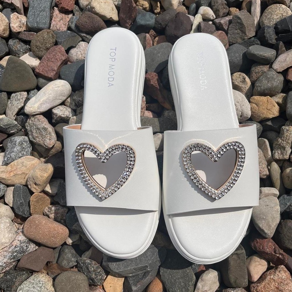 Top Moda Wedding White heart embellished slides